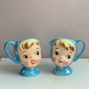 Vintage Napco Miss Cutie Pie Sugar and Creamer Set of 2-Blue and White 1950s